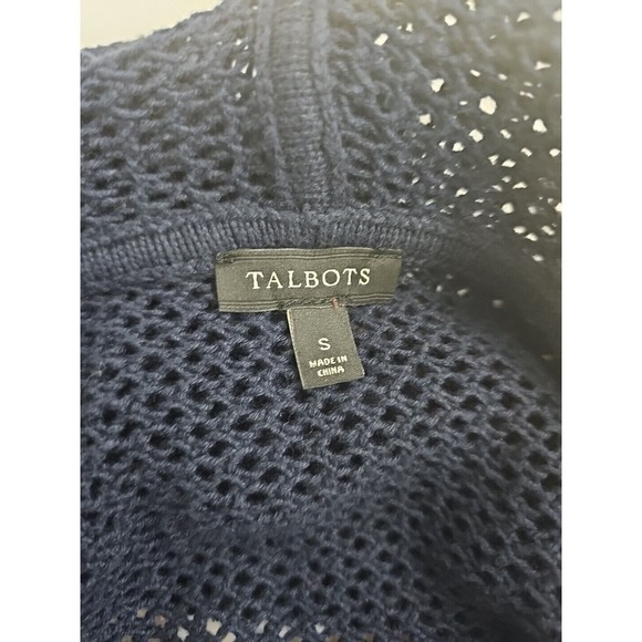 Talbots ~Woman Size S~ Navy Cardigan Crochet Hoodie Cotton Open Front Pockets. - Picture 2 of 9